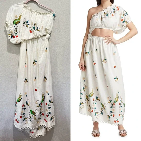 FARM Rio Embroidered One Shoulder Maxi Dress Cutout Floral White S  Cottagecore
